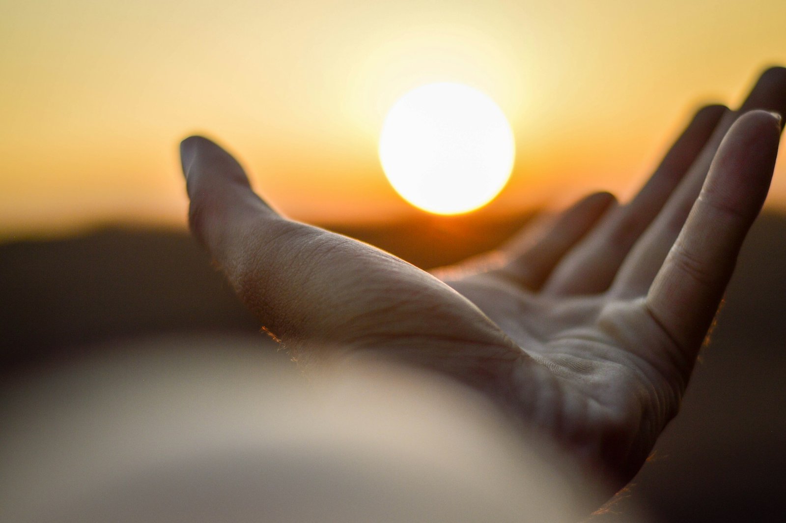 A hand reaching toward the rising sun — a quiet symbol of openness and intention.